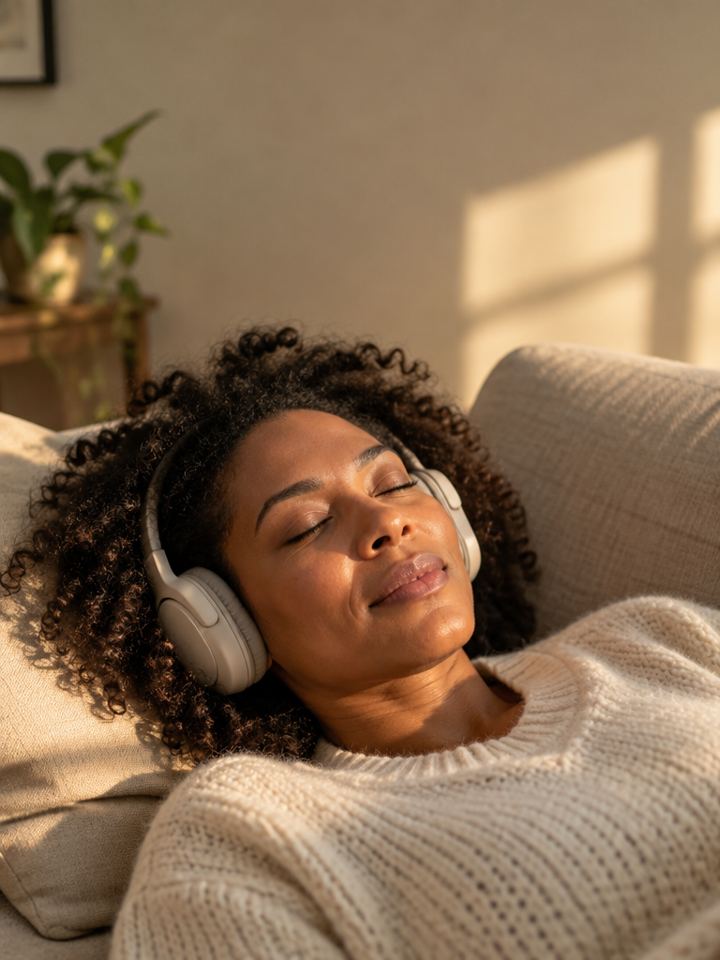 Mulher relaxando no sofá com fones de ouvido